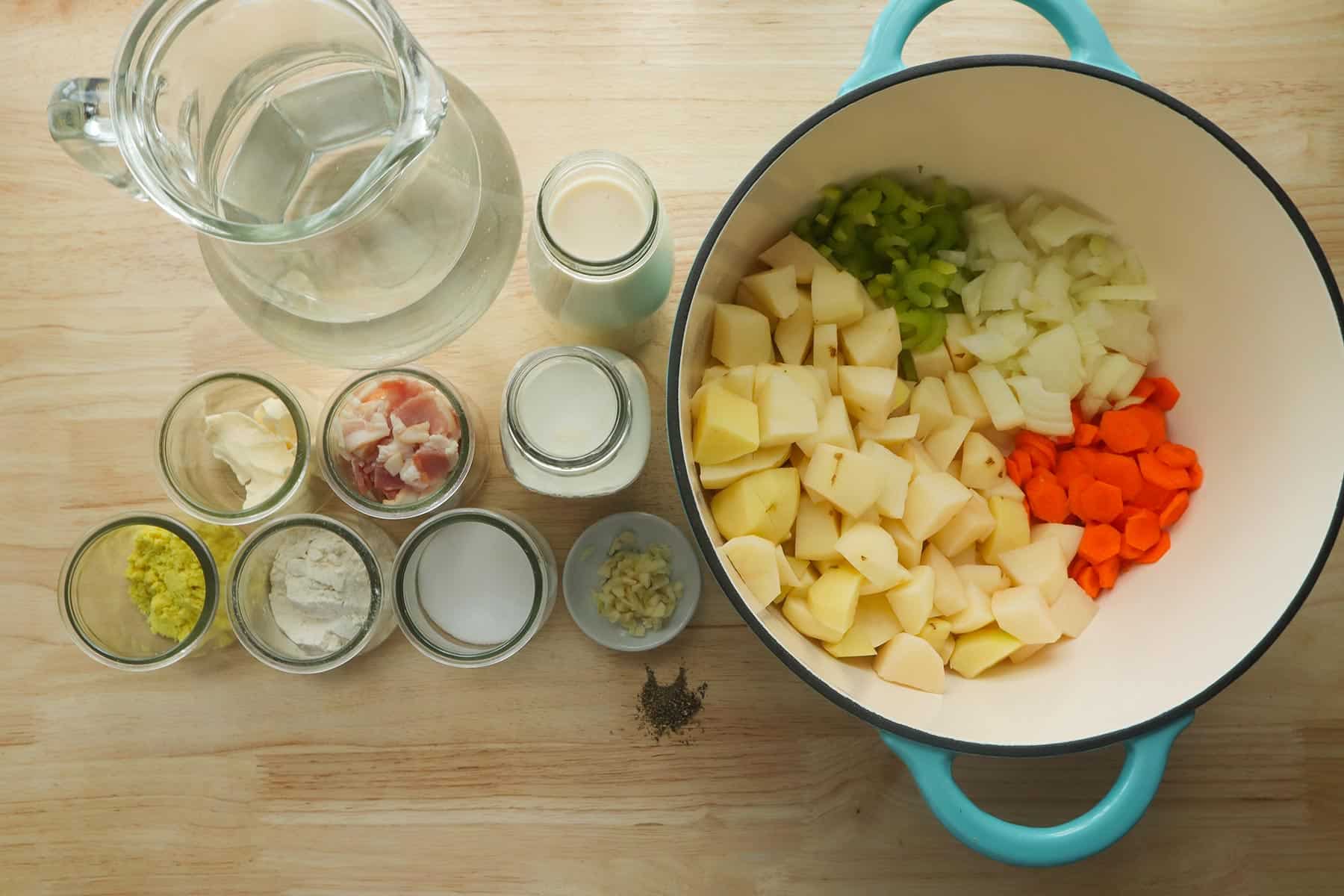 All the ingredients needed for potato soup.