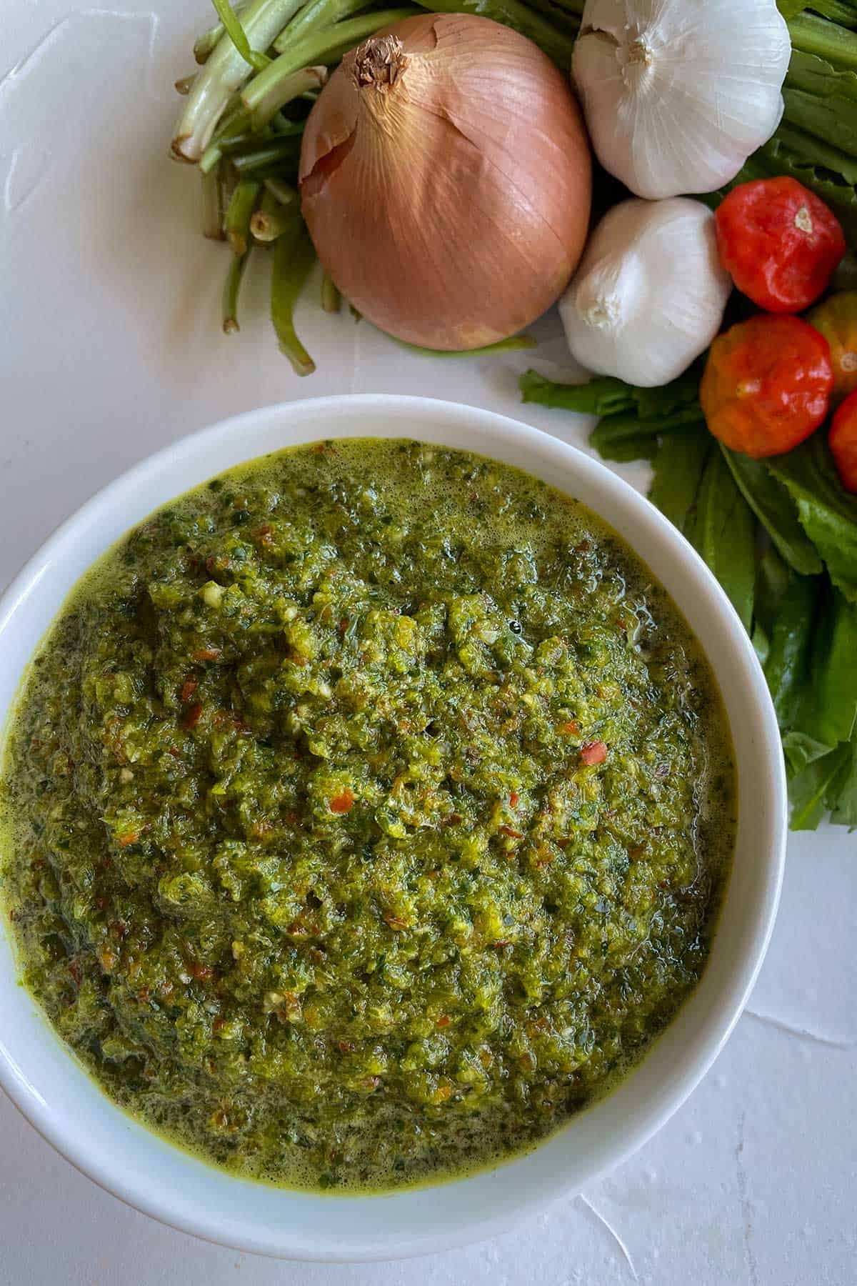 A bowl with sofrito next to some garlic, onion, aji dulces and recao.