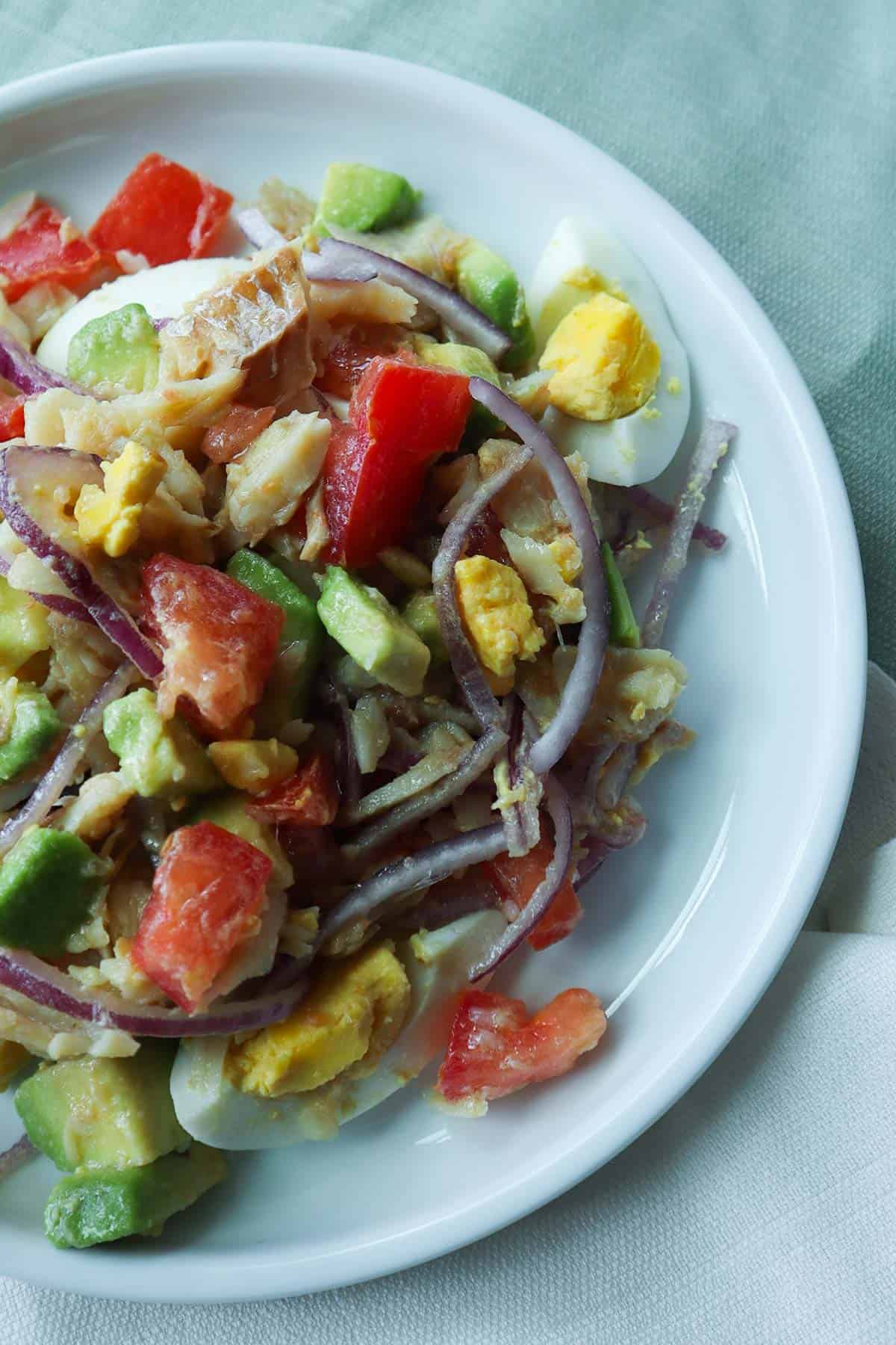 close up of serenata de bacalao- salted codfish salad.