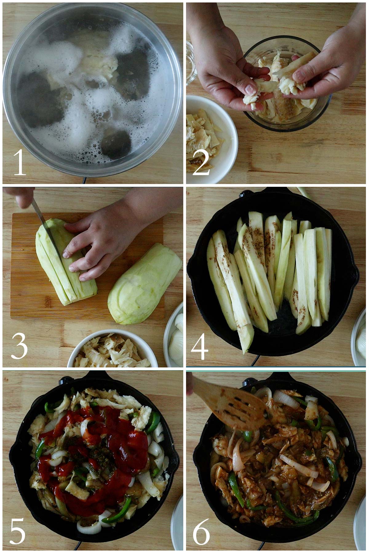 step by step images on how to make eggplant with salted codfish. 