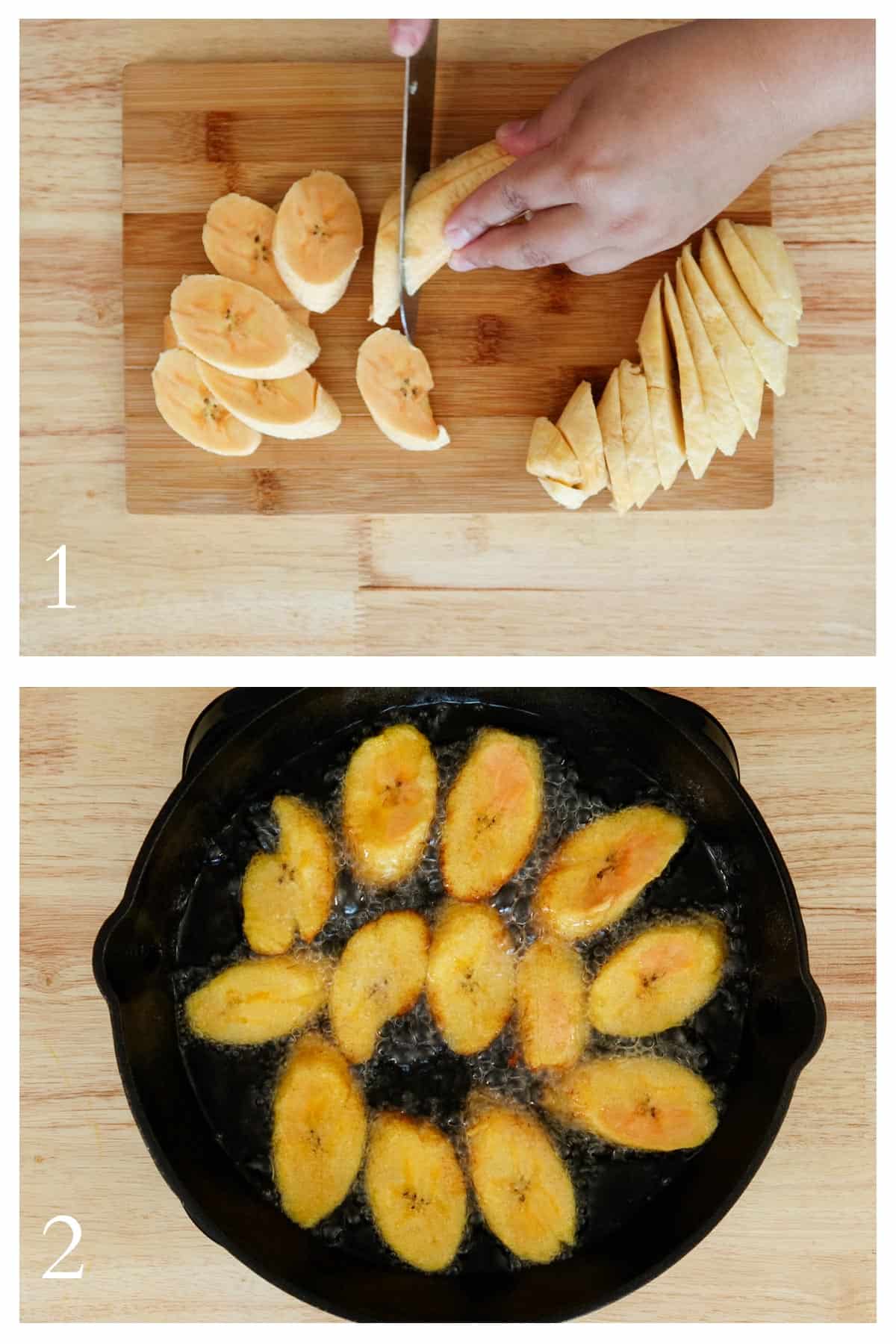 step by step on how to make amarillos- sweet fried plantains.
