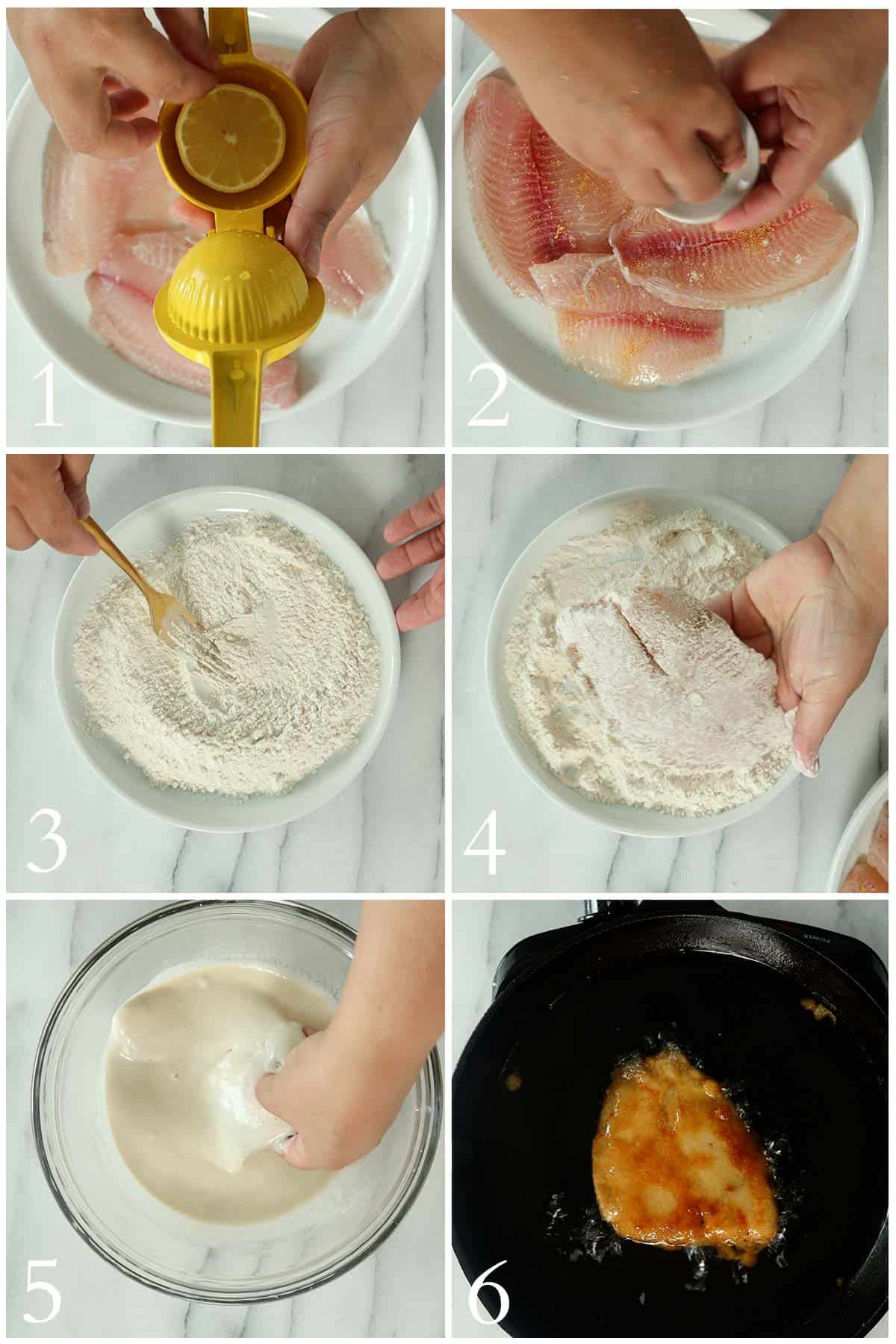 images of the steps to make fried tilapia.