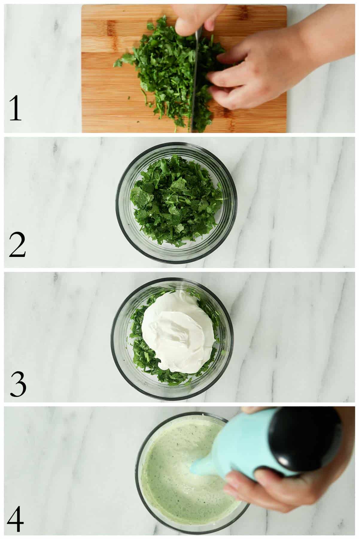 images of the step by step on how to make garlic cilantro sauce.