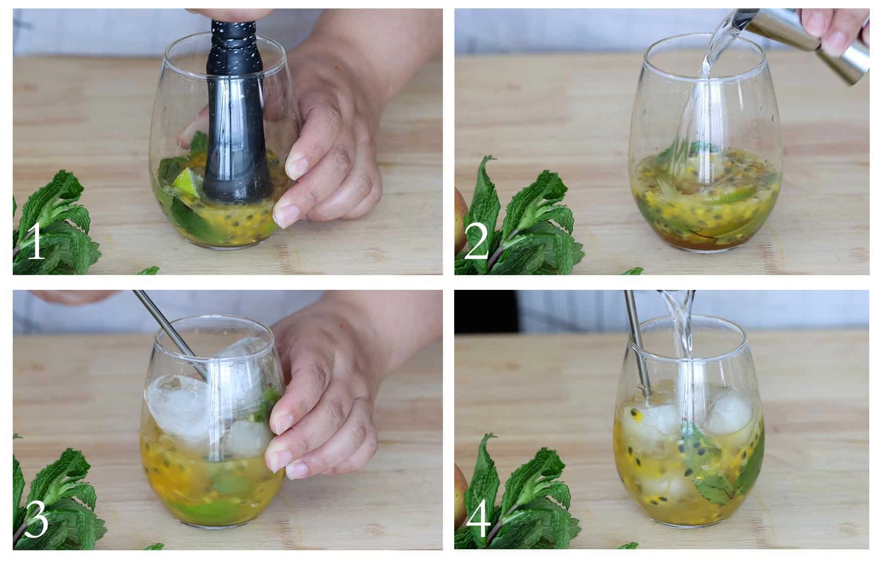 step by step of how to make passion fruit mojito.
