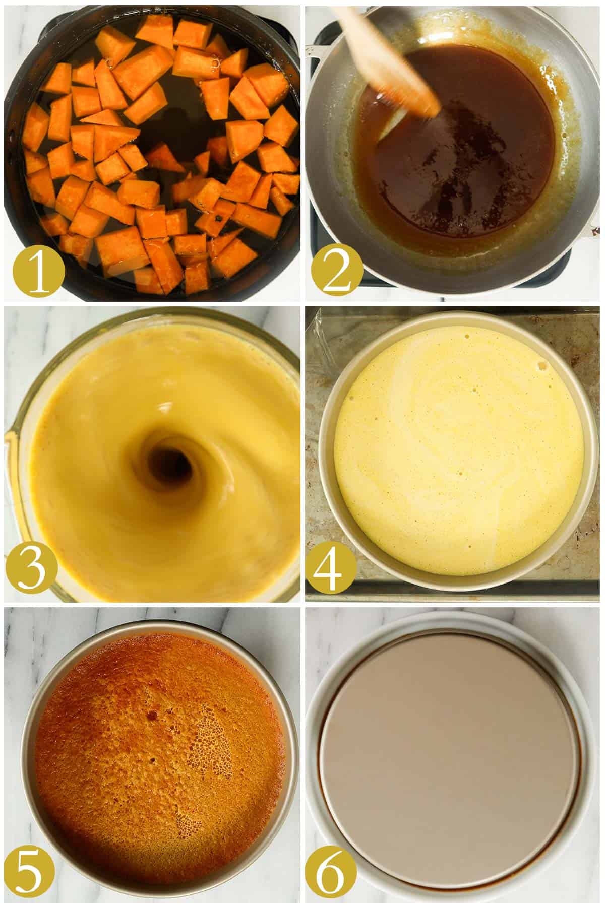 how to make flan de calabaza step by step image collage.