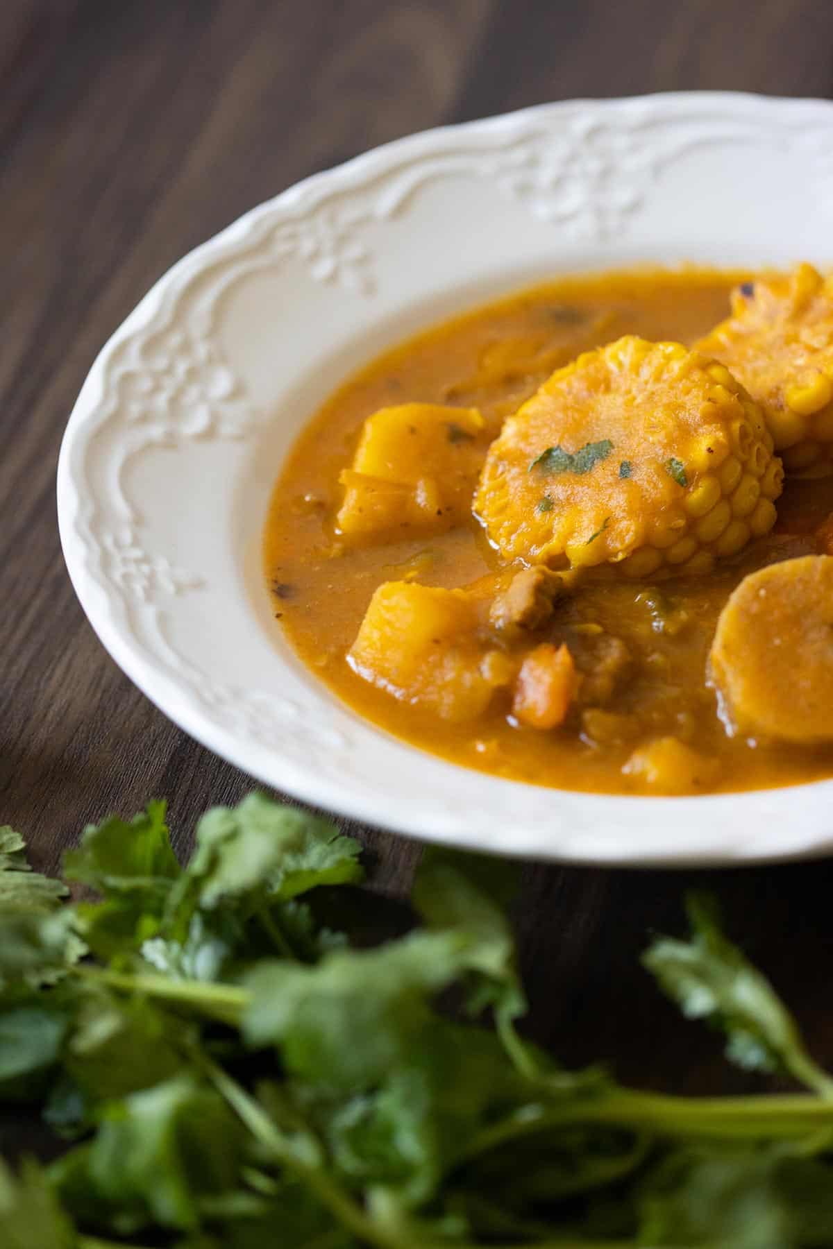 a white plate with sancocho.