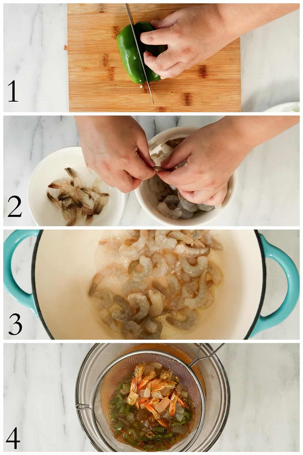 step by step of how to make the shrimp stock for the asopao de camarones.