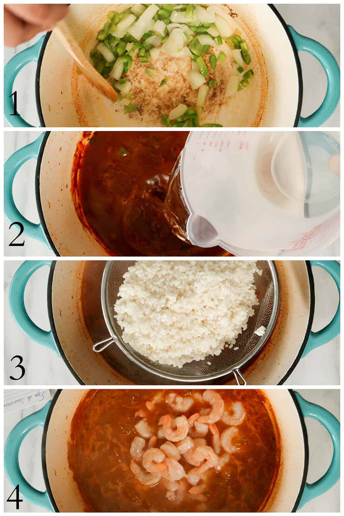 step by step on how to make asopao de camarones or shrimp soup.