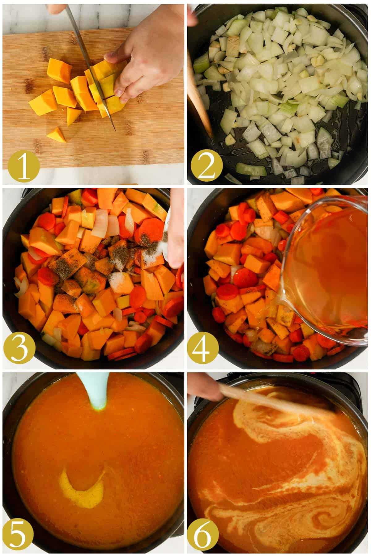 an image collage of step by step on how to make pumpkin carrot soup.