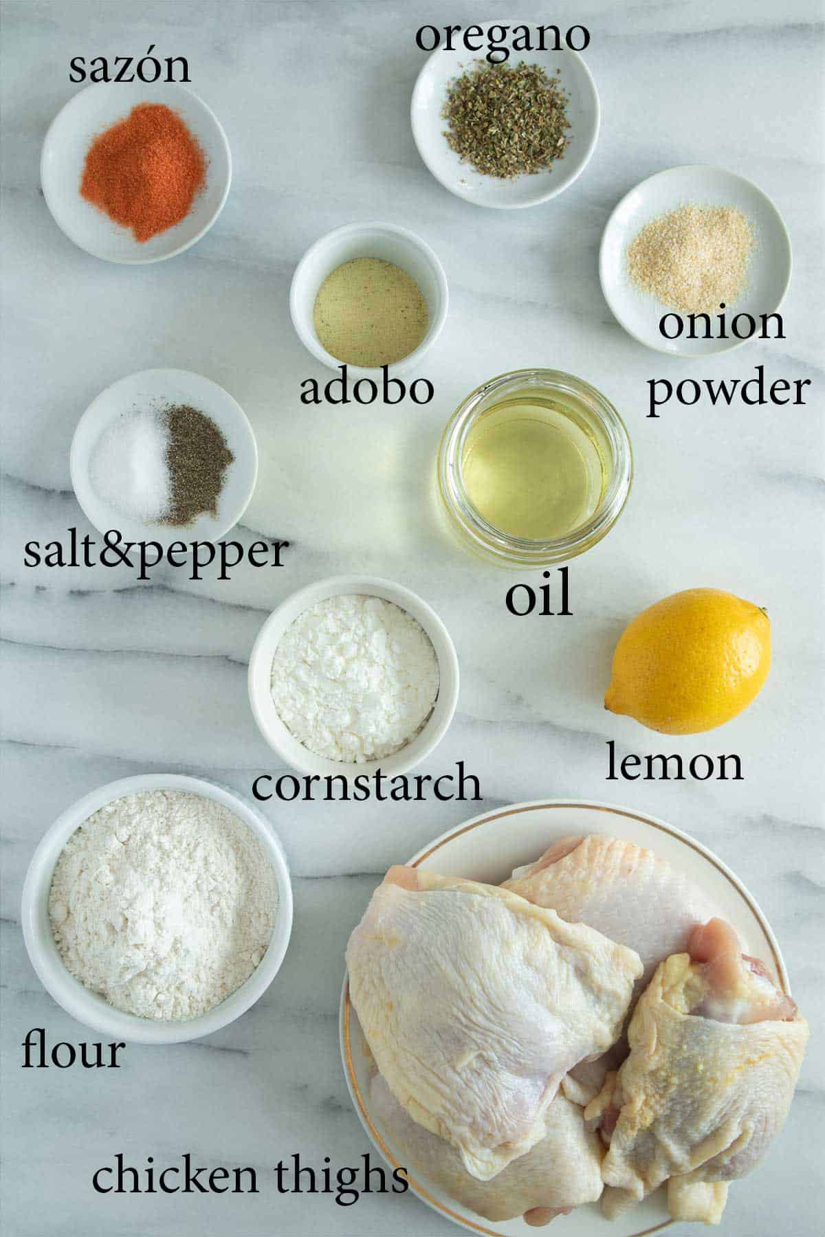 all the ingredients needed to make chicharron de pollo.