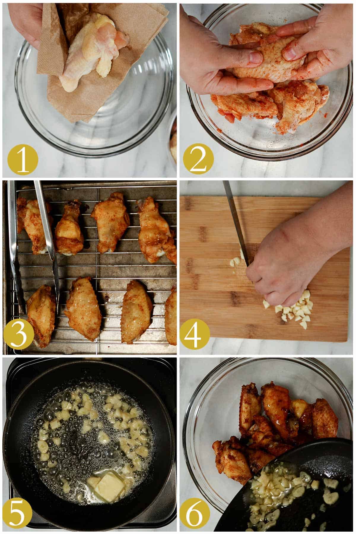 step by step collage on how to make garlic butter chicken wings.