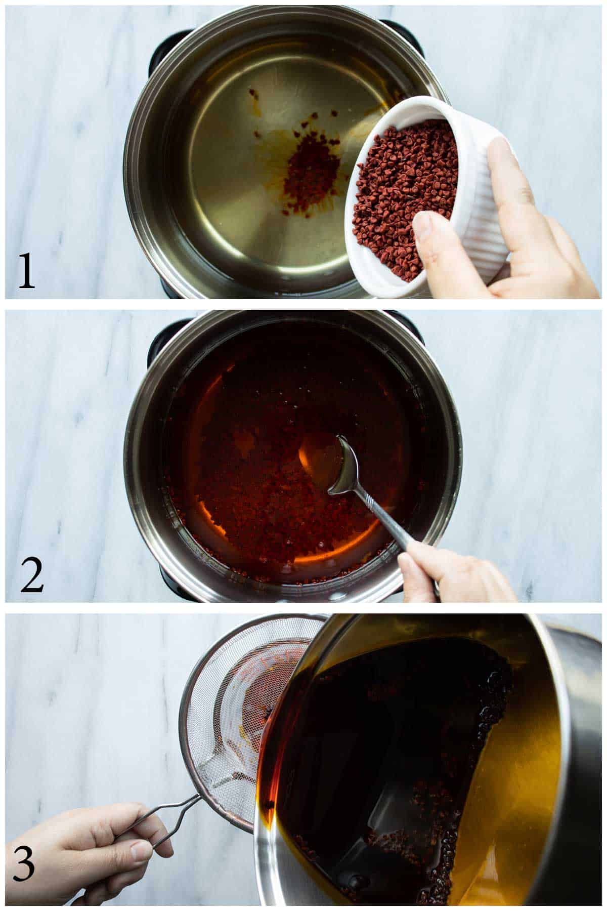 imagenes de pasos de 1 al 3 de como se prepara el aceite de achiote.