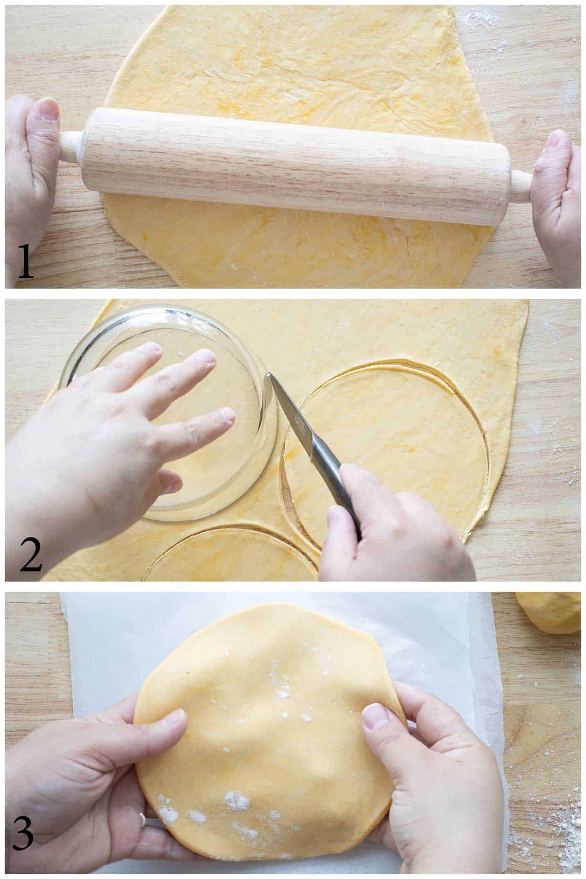 steps 1-3 on how to make empanadilla disk byt rolling out all the dough and then cutting out round disks.