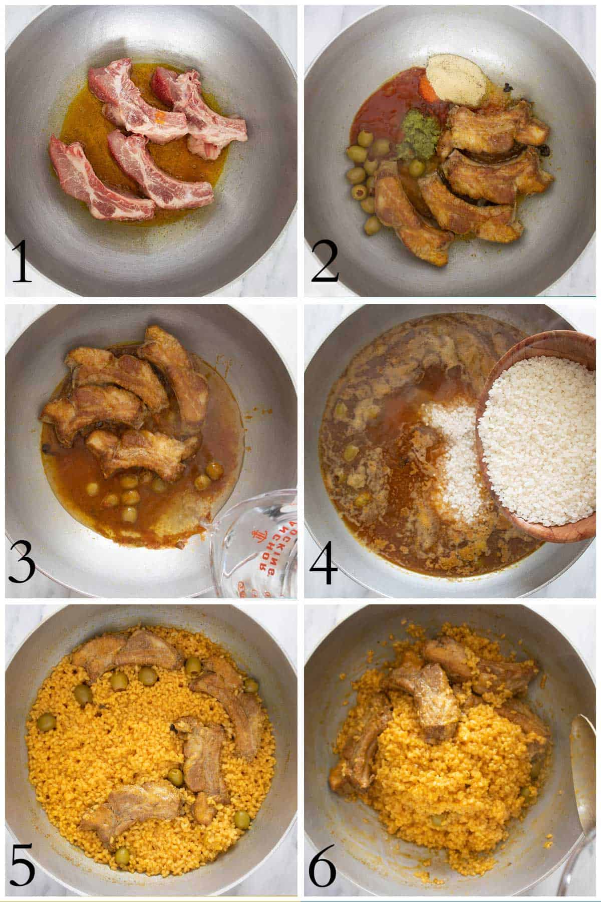 pasos 1-6 de como se hace el arroz con costillas de cerdo.