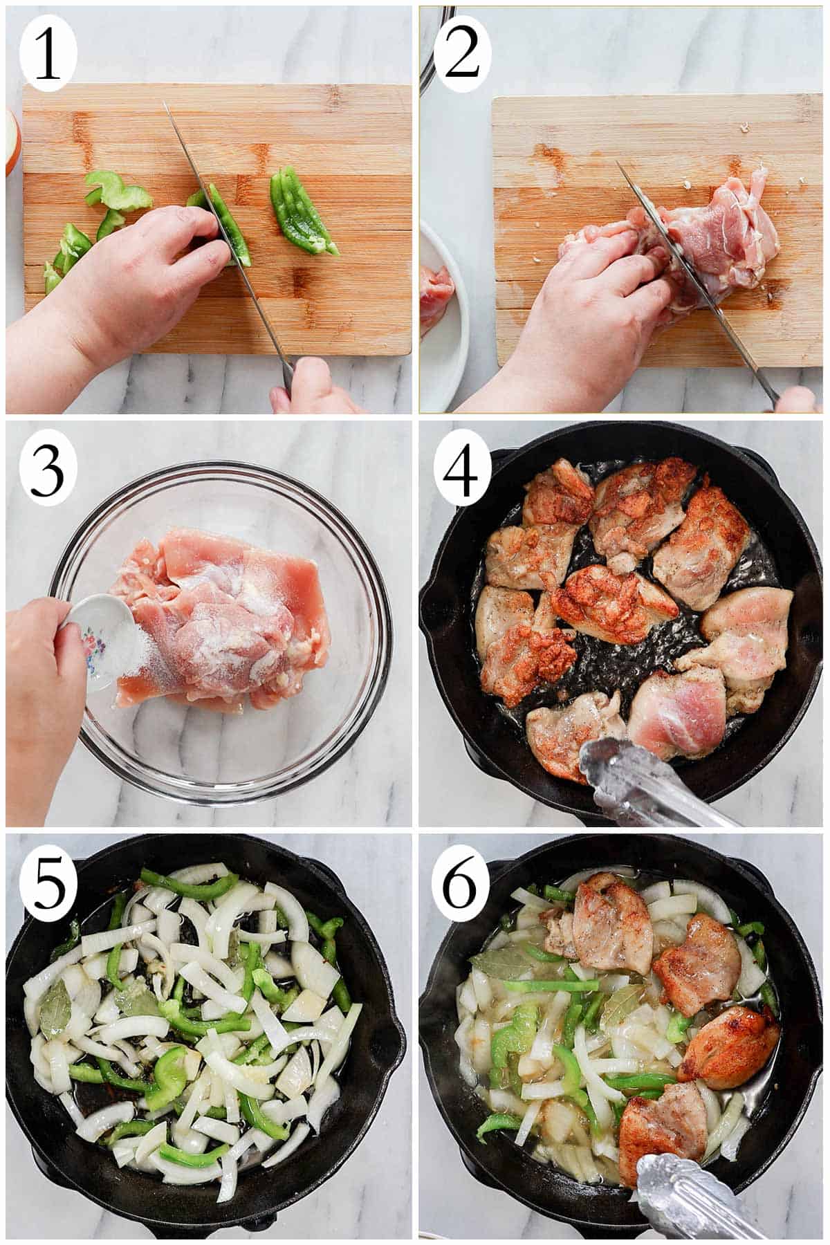 steps 1-6 of how to make pollo en escabeche.