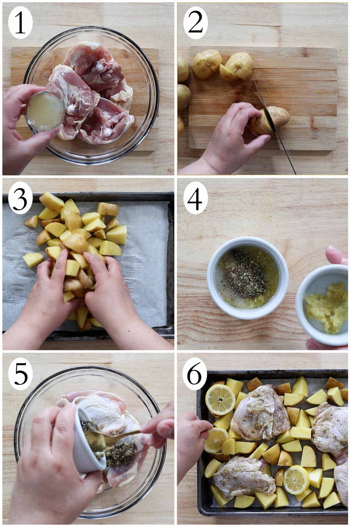 imagen de los pasos a seguir para hacer un pollo con limon y papas.