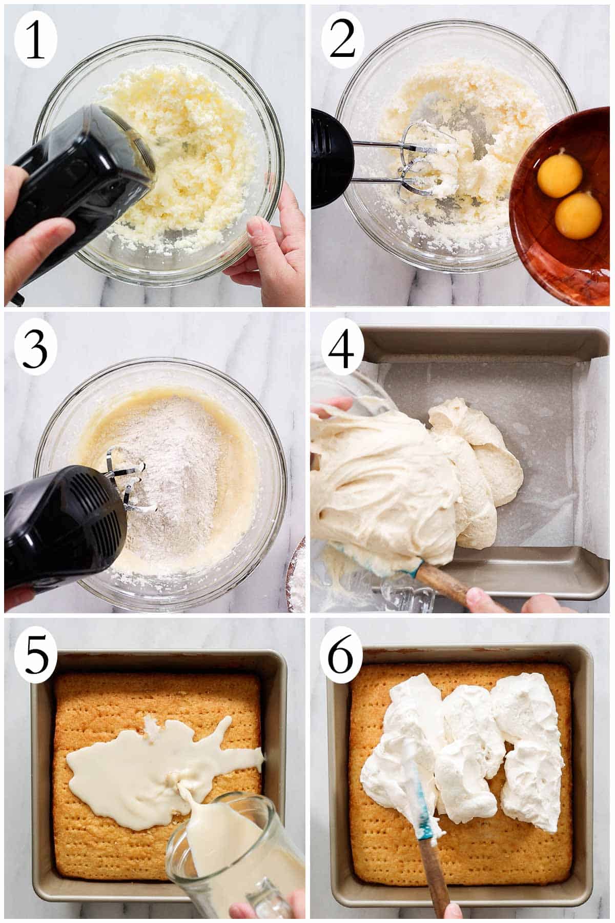 images for steps 1-6 on how to make a lemon tres leches cake.