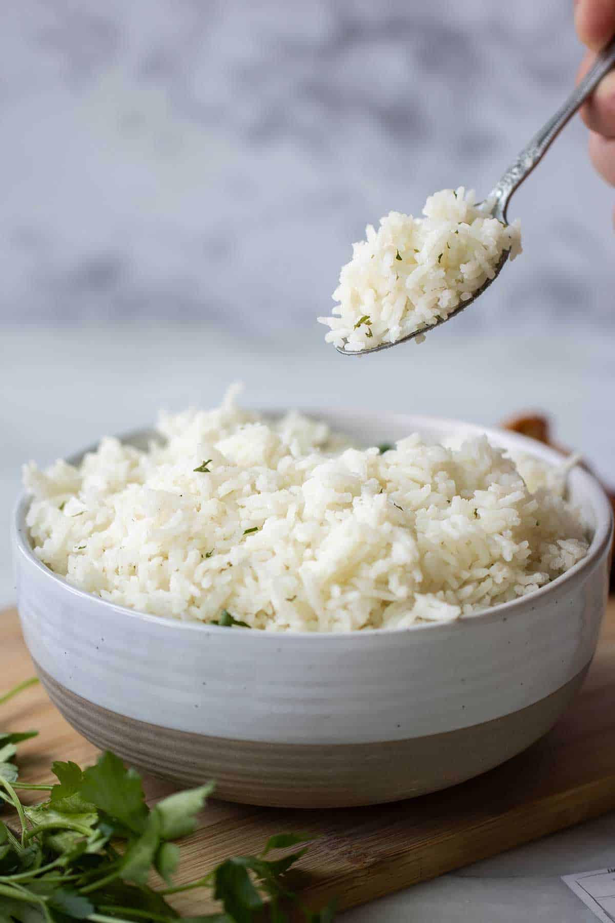 una mano aguantando una cuchara con arroz con leche de coco sobre un plato con arroz.