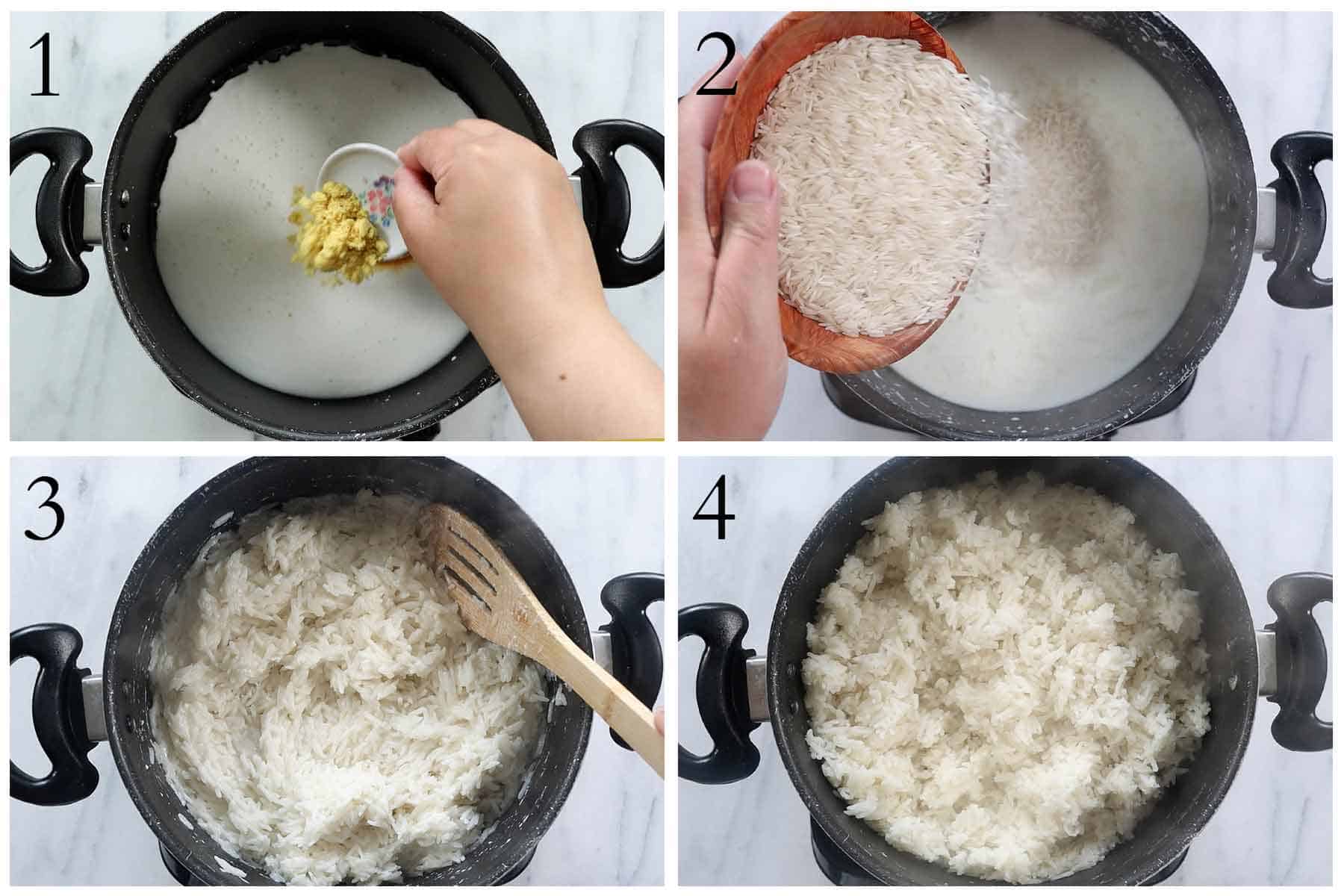 pasos del 1-4 sobre como hacer un arroz blanco con coco.