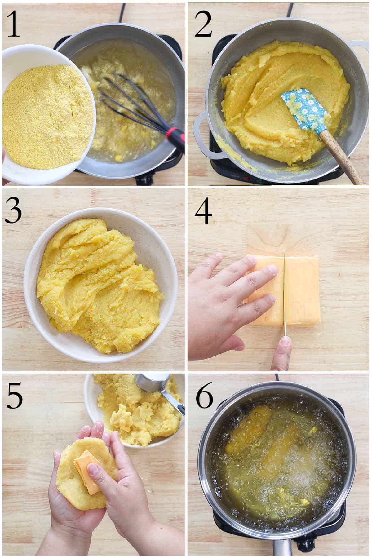 pasos del 1 a 6 de como se hacen unos sorullitos de maiz.
