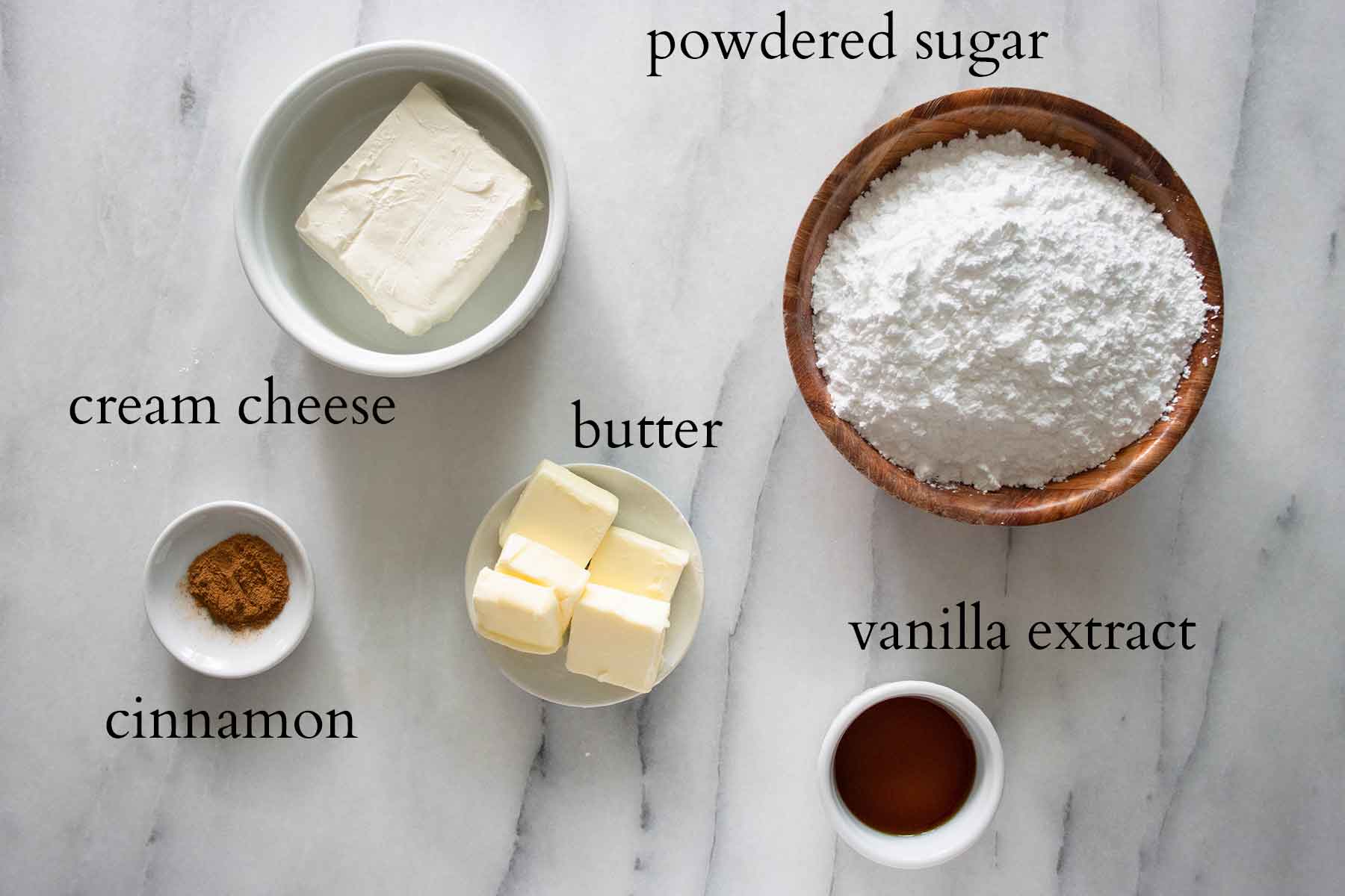 all the ingredients necessary to make a cinnamon cream cheese frosting.