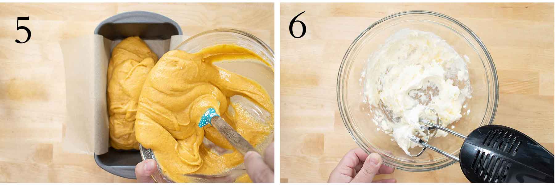 steps 5-6 on how to make a pumpkin bread and cream cheese frosting.