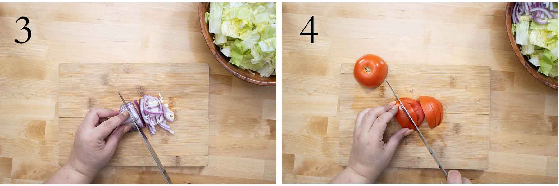 collage on the left slicing red onion and on the right slicing a tomato.