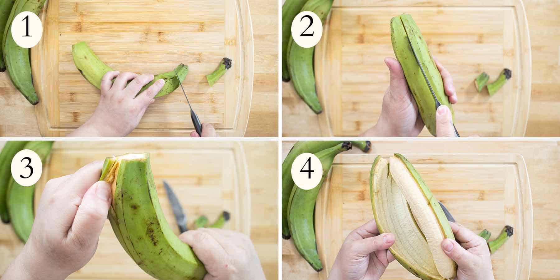 steps 1-4 on how to peel plantains green.