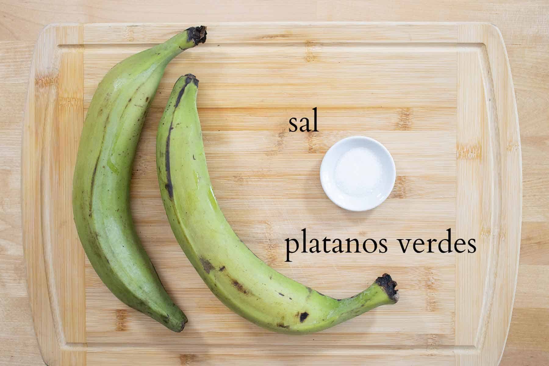 all the ingredients needed to make platanutres or plantain chips.
