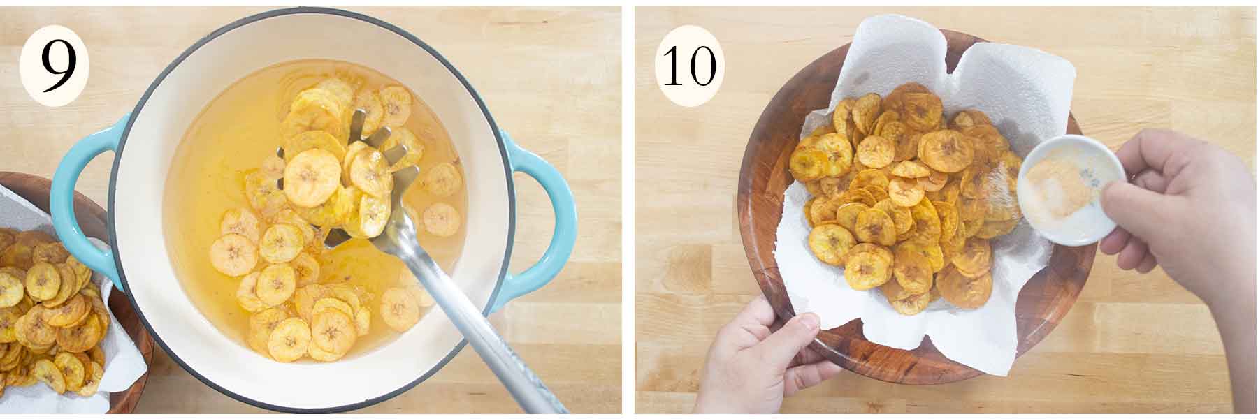 steps 9 and 10 on how to make platanutres or plantain chips.
