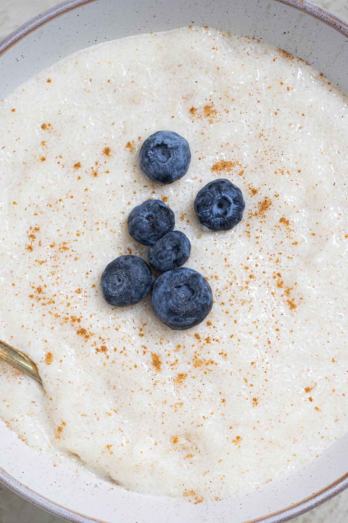 a cooked cream of wheat with cinnamon and blueberries.