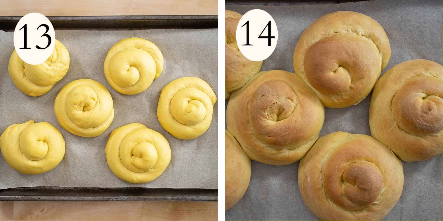 collage on the left the mallorca rolls proofed and on the right the mallorca bread baked.