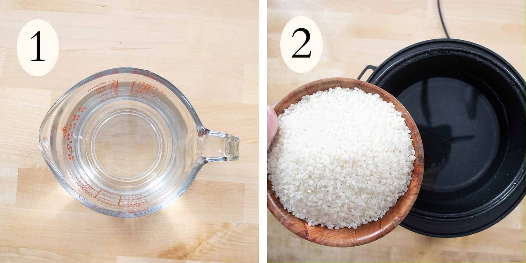 collage on the left a measuring cup with water and on the right a rice cooker with water and a bowl of white rice.