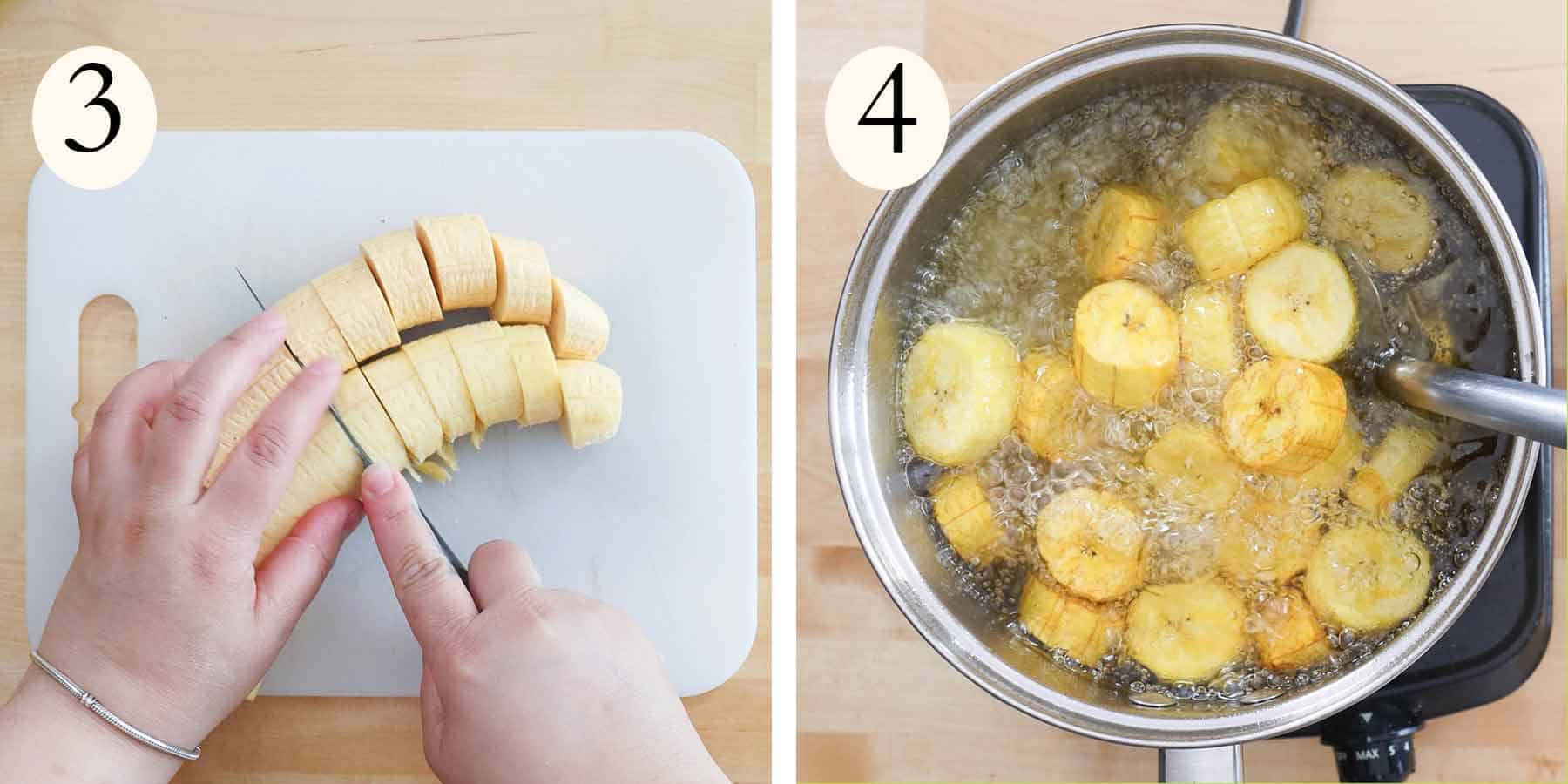 recipe collage steps 3-4 on trifongo. On the left cutting yellow and green plantain and on the right frying.