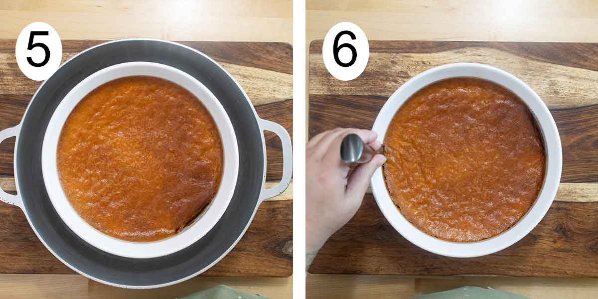 collage de como se desmolda un flan y a la izquierda el flan en un bano de maria y desmoldando a la derecha.