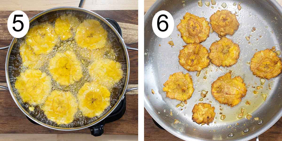 collage de como se hace los tostones al ajillo de los chinos en puuerto rico y a la izquierda friendo los tostones y cocinandolos en el ajillo a la derecha.