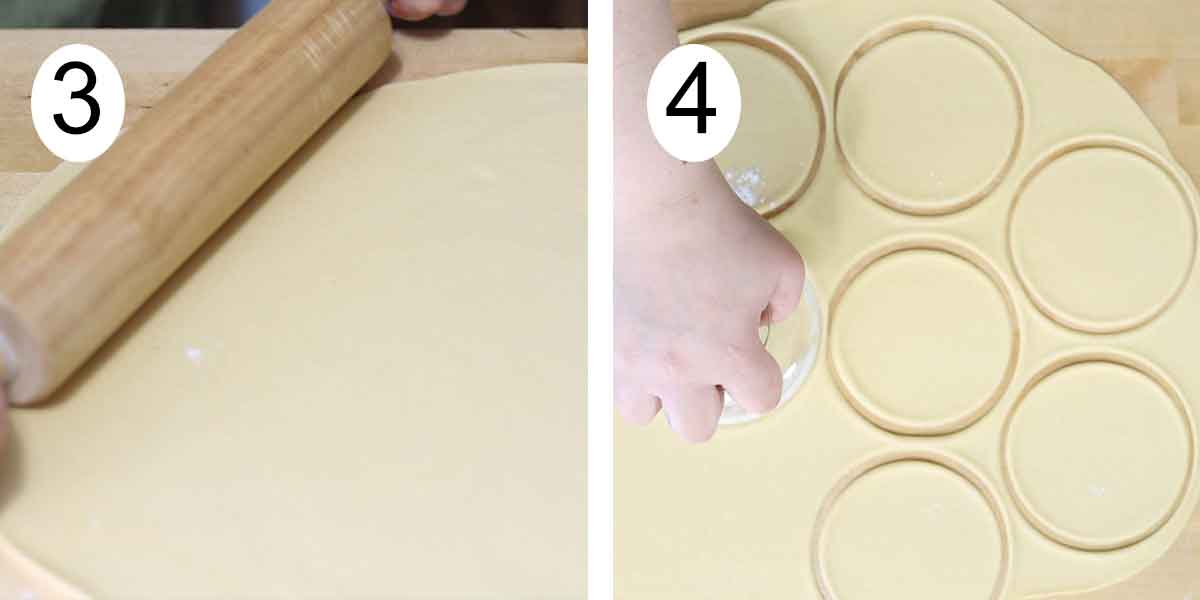 collage on how to make puerto rican empanada dough on the left streching the dough and making empanada disks on the right.