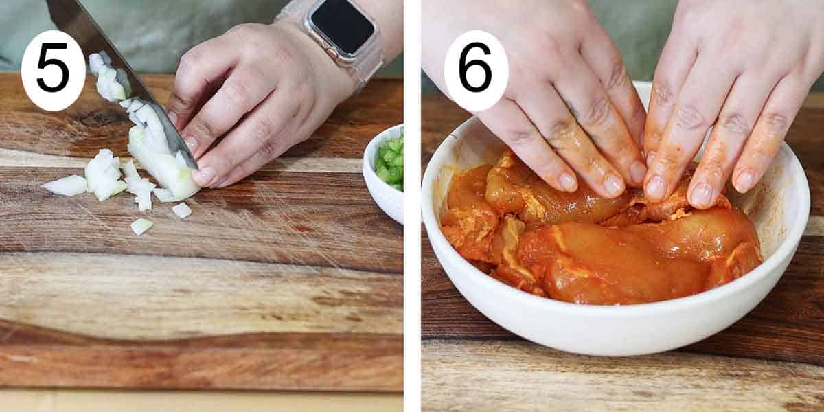 collage on how to make puerto rican empanada de pollo on the left cutting an onion and seasoning the chicken on the right.