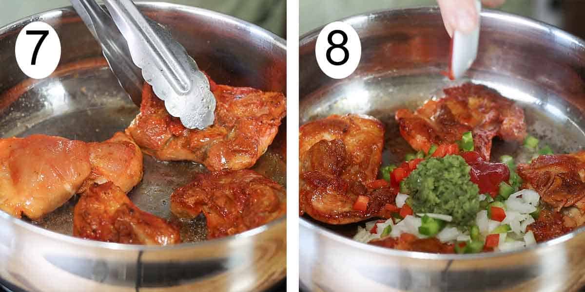 collage on how to make the chicken for the puerto rican empanadas and on the left searing the meat and on the right adding the vegetables.
