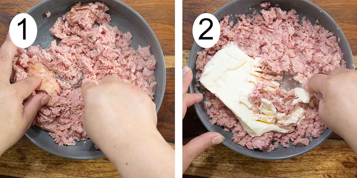 collage de como se hace la bola de fuego y a la izquiera triturando la jamonilla y majando el queso a la derecha.