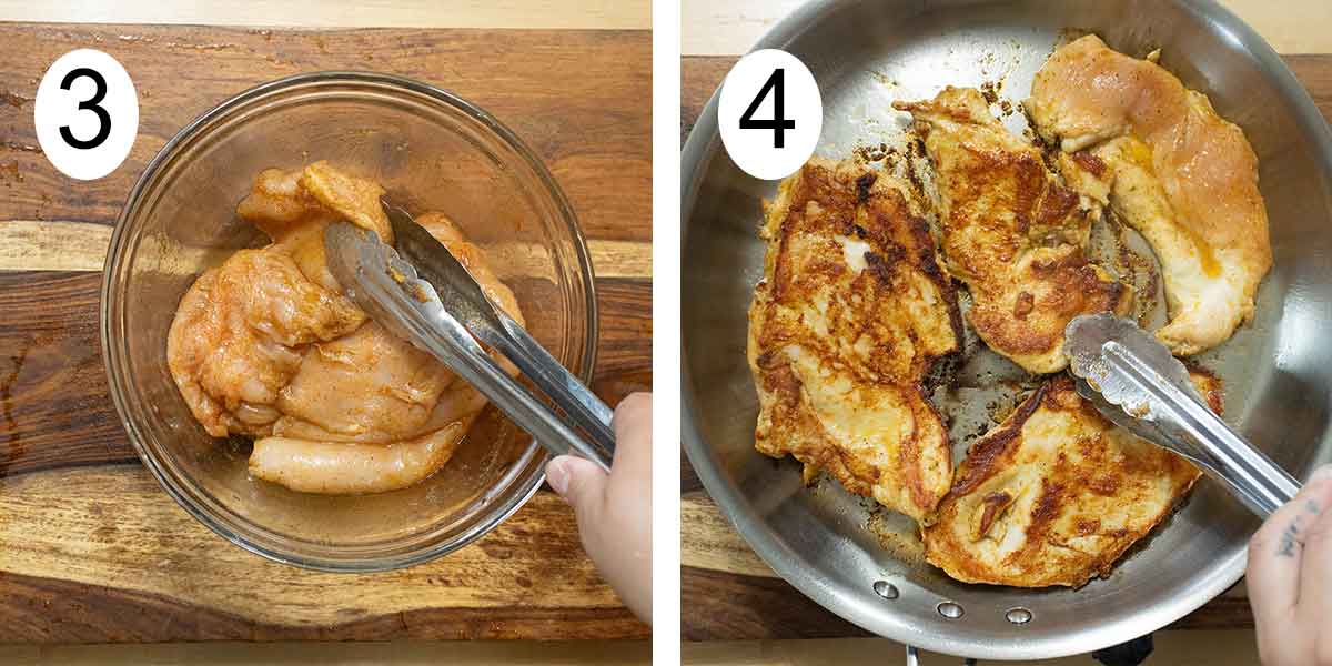 collage de los pasos para hacer una pechuga a la plancha y a la izquierda adobando el pollo y cocinando a la derecha.