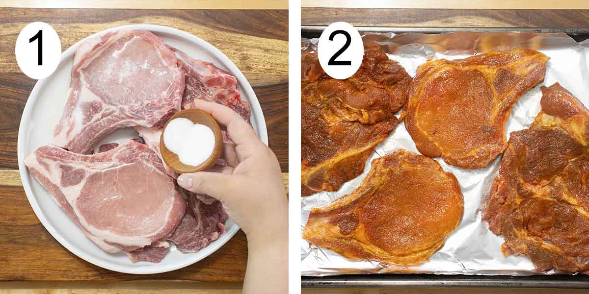collage de como se hacen unas chuletas al horno y a la izquierda adobando las chuletas y a la derecha las chuletas en una bandeja.