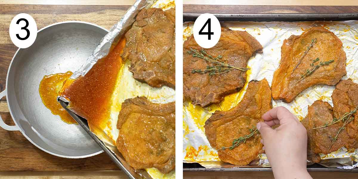 collage de como se hacen las chuletas boricuas al horno y a la izquierda quitandole el exceso de liquido a las chuletas y añadiendole tomillo a la derecha.