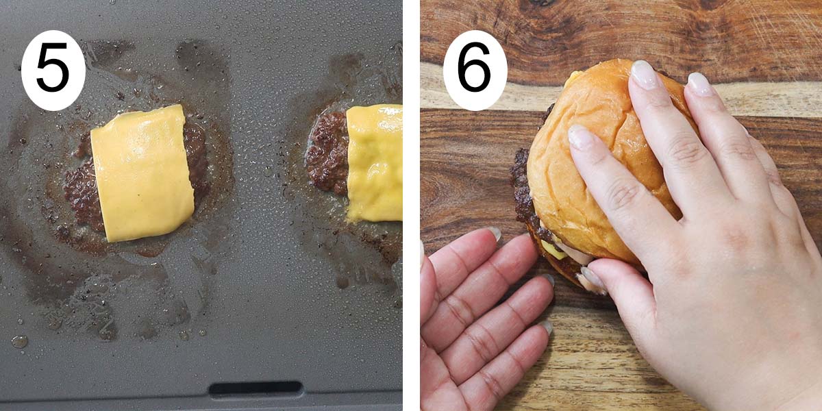 collage on making smash burgers and on the left cooking the burgers with cheese and assembling on the right.