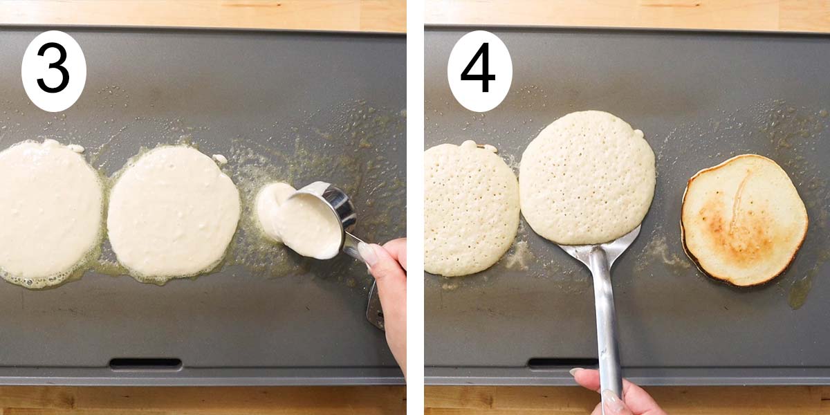 collage of the steps in making the coconut pancakes on the left adding the batter to a griddle and flipping on the right.