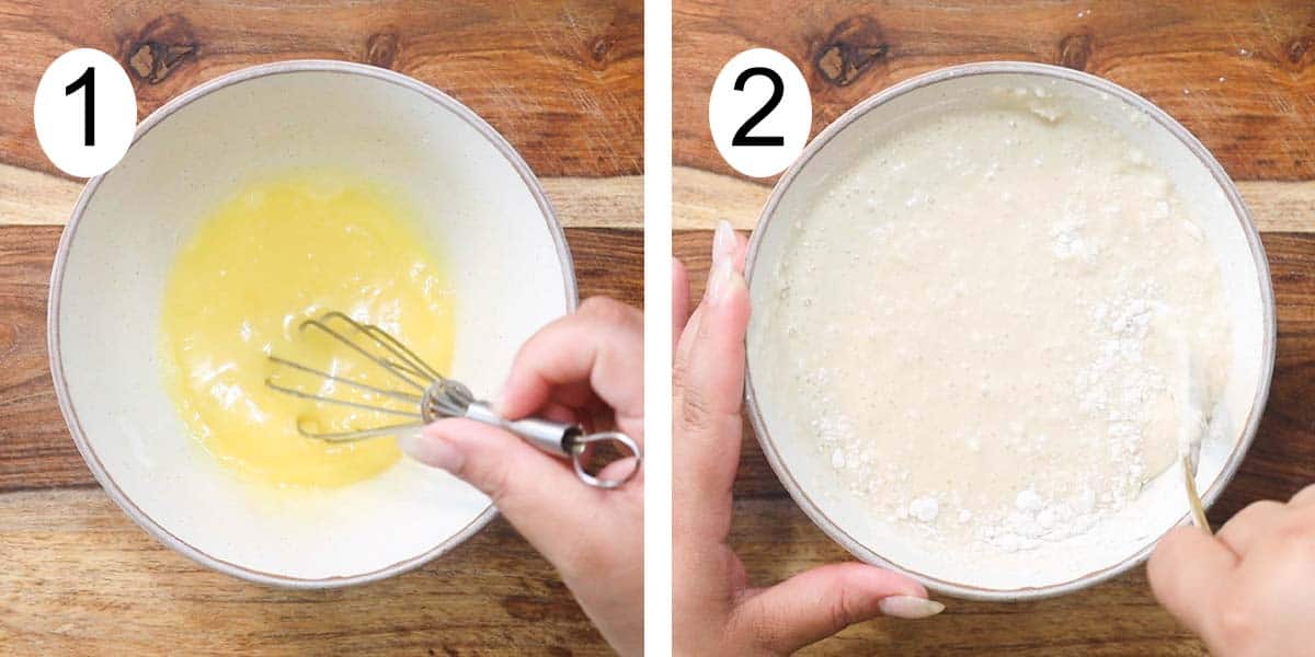 collage on making coconut pancakes and on the left beating eggs and missing in the flour in the right.