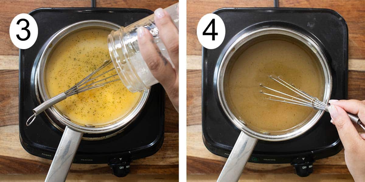 collage de los pasos para hacer un gravy y a la izquierda anadiendole fecula de maiz y mezclando a la derecha.
