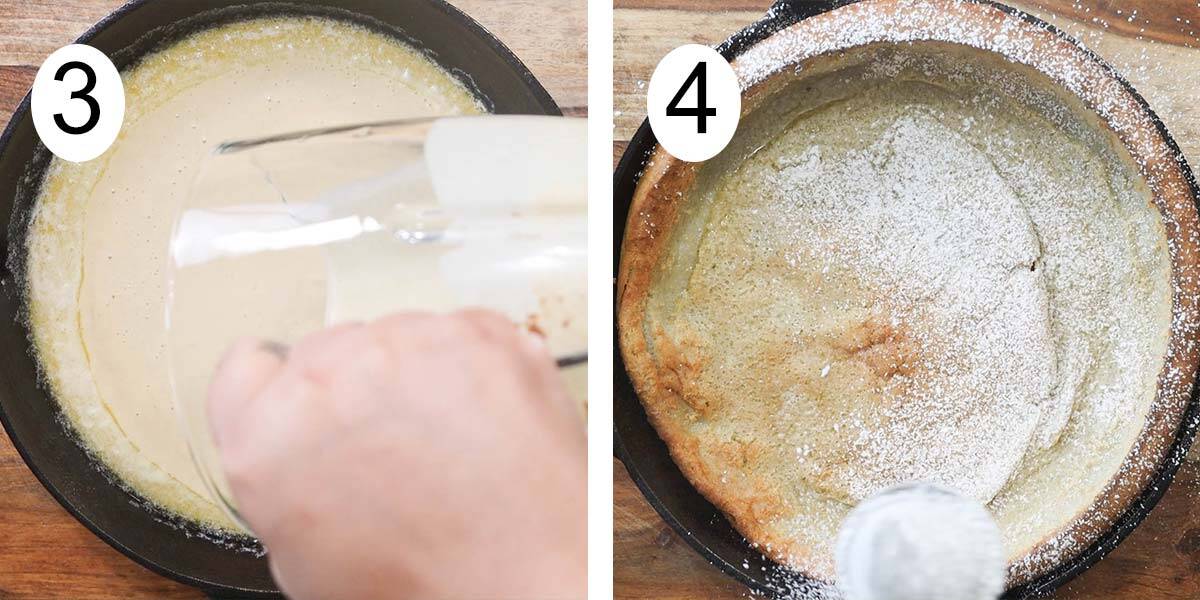 collage de como se hace un pancake holandes y a un lado hechando la mezcla a un sarten y añadiendo azucar en polvo al otro lado.