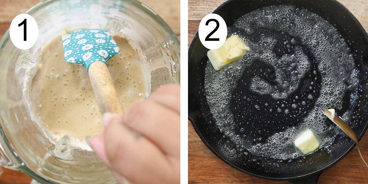 collage de la receta de un pancake holandes de coco y a un lado mezclando todo y derritiendo mantequilla al otro.