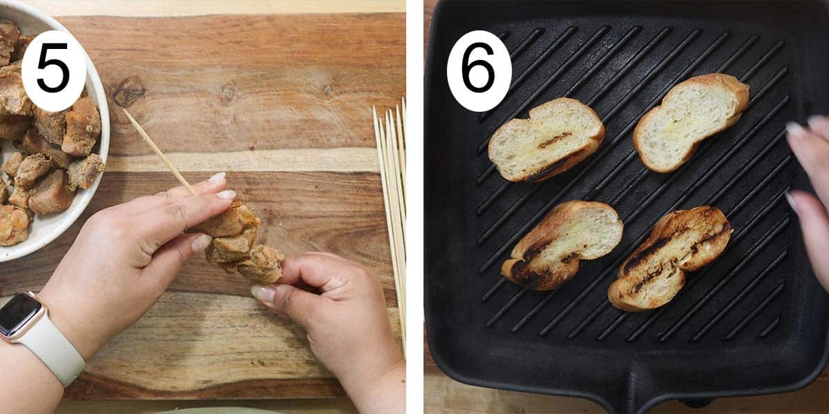 collage on the pork skewers recipe and on the left putting the meat in the sticks and toasting bread on the right.